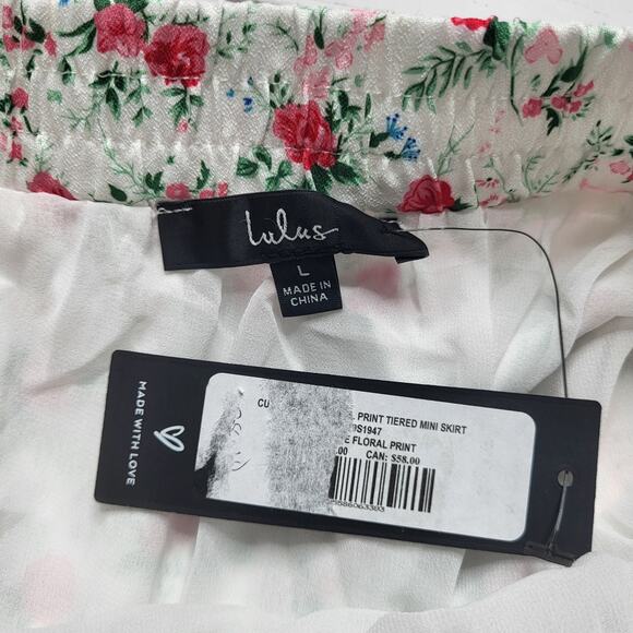 Lulus Cute Factor White Floral Puff Sleeve Crop Top Tiered Mini Skirt Set Large - Picture 13 of 13